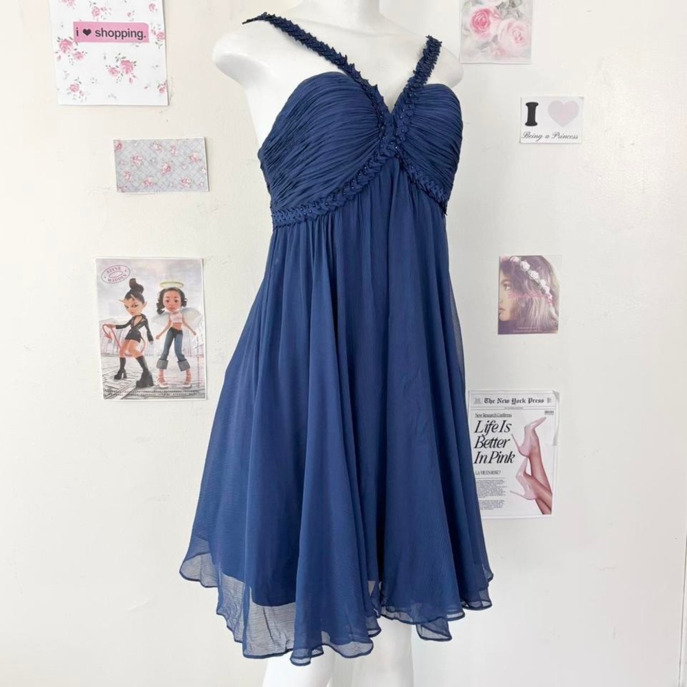 BCBGMAXAZRIA Navy Pleated Chiffon Cocktail Dress